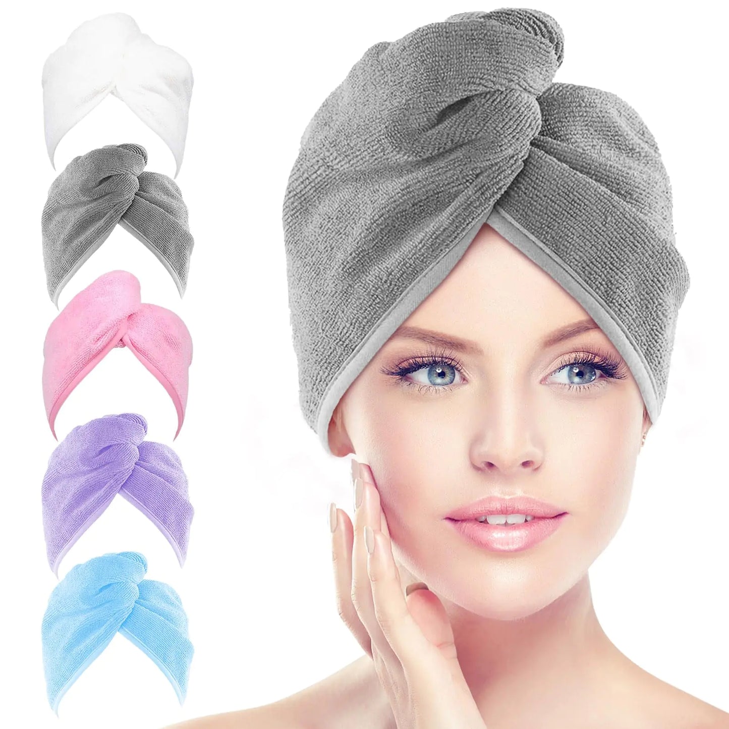 Microfiber Hair Turbans 5 Pack, Quick Drying